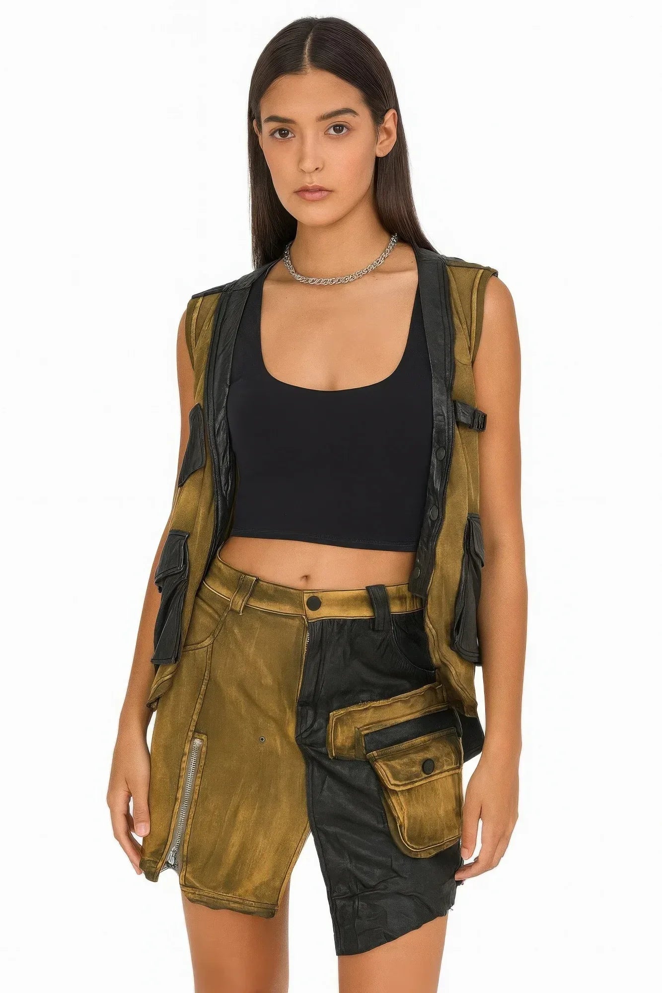 Denim And Faux Leather Two Piece Set | Mixtshop LLC Main image