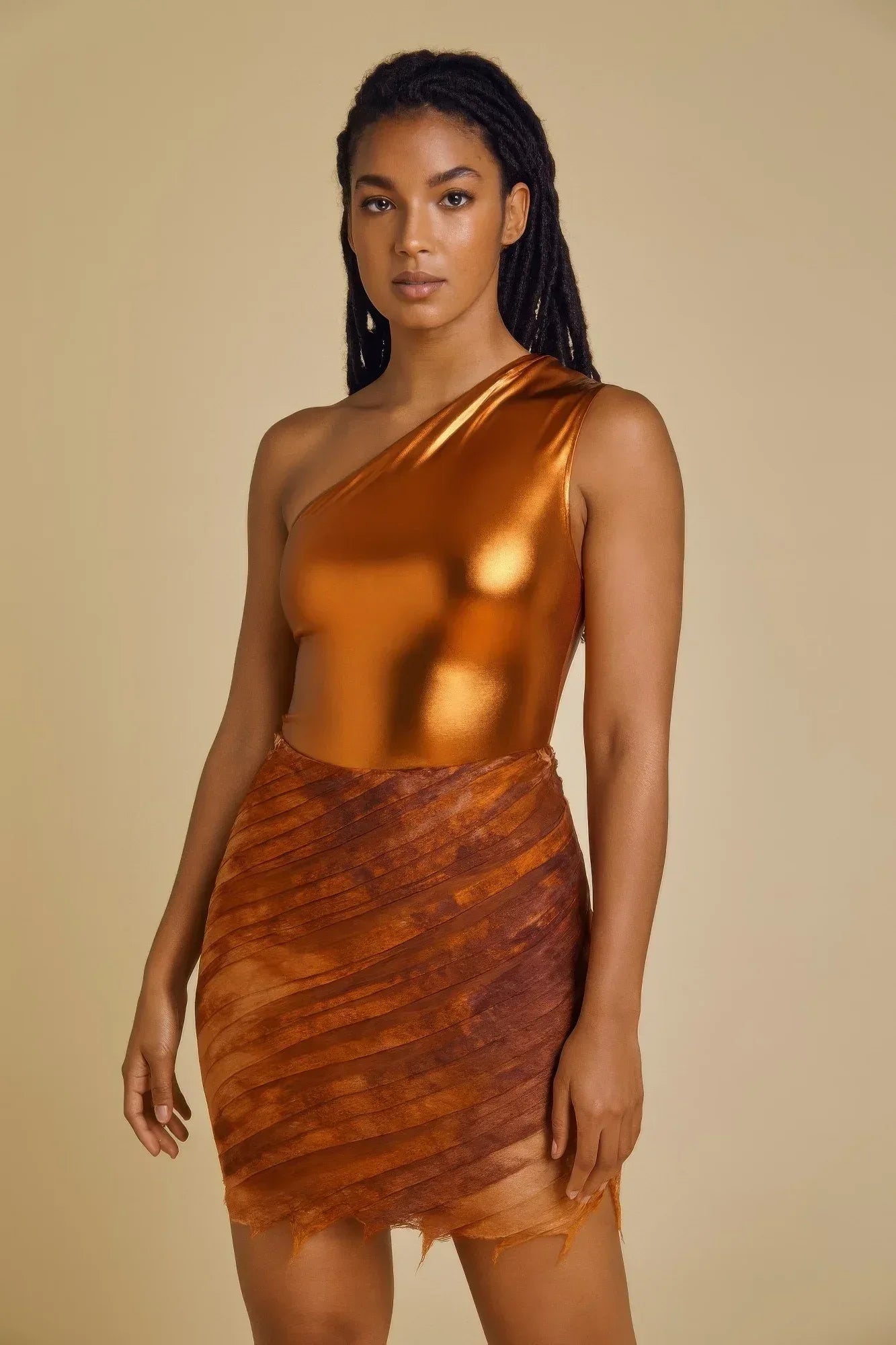 Metallic One Shoulder Bodysuit & Mini Skirt Set | Mixtshop LLC Main image