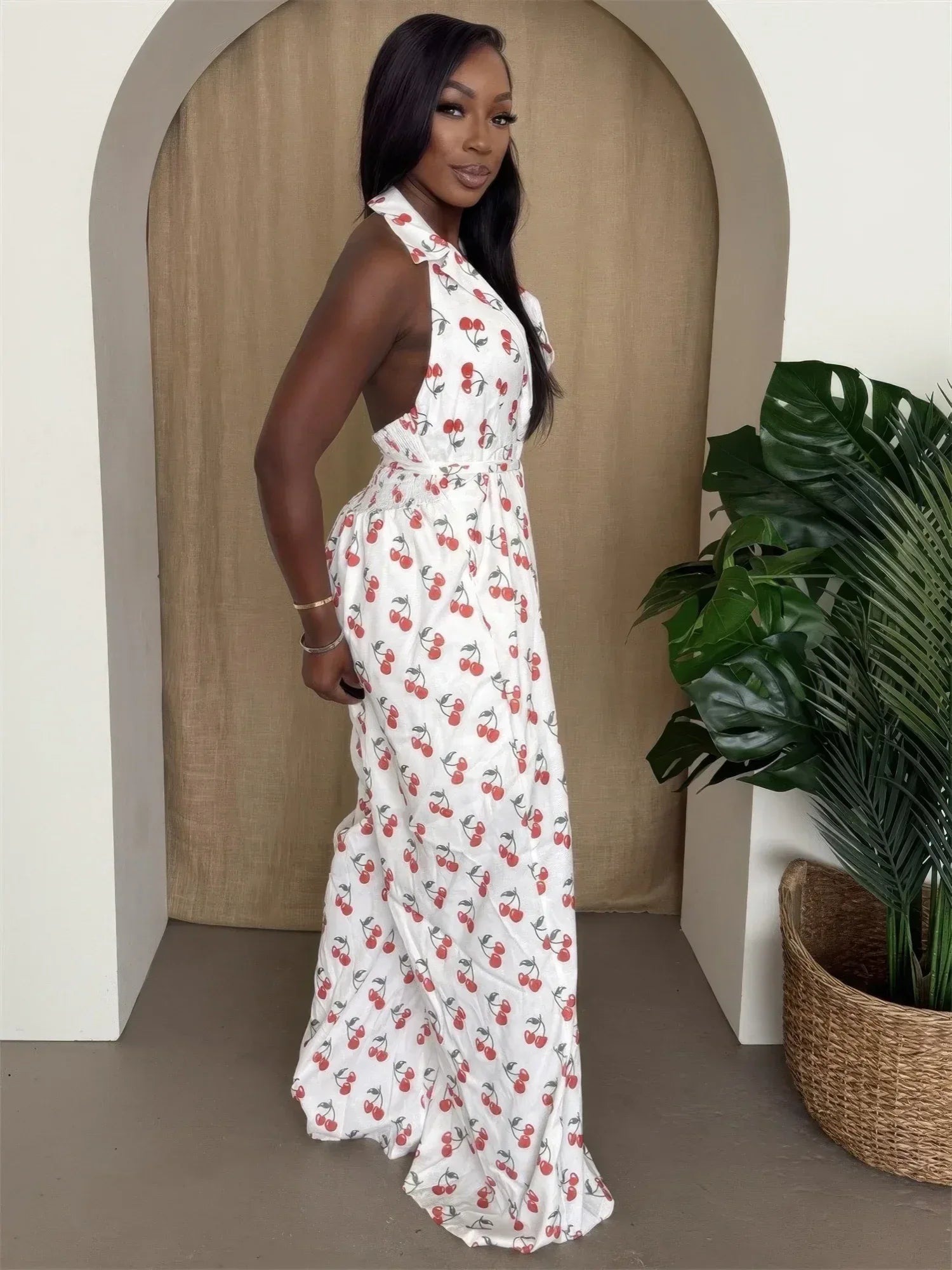 Cherry Print Halter Wide-leg Jumpsuit | Mixtshop LLC