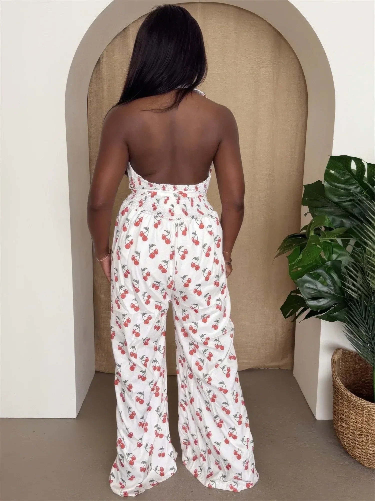 Cherry Print Halter Wide-leg Jumpsuit | Mixtshop LLC
