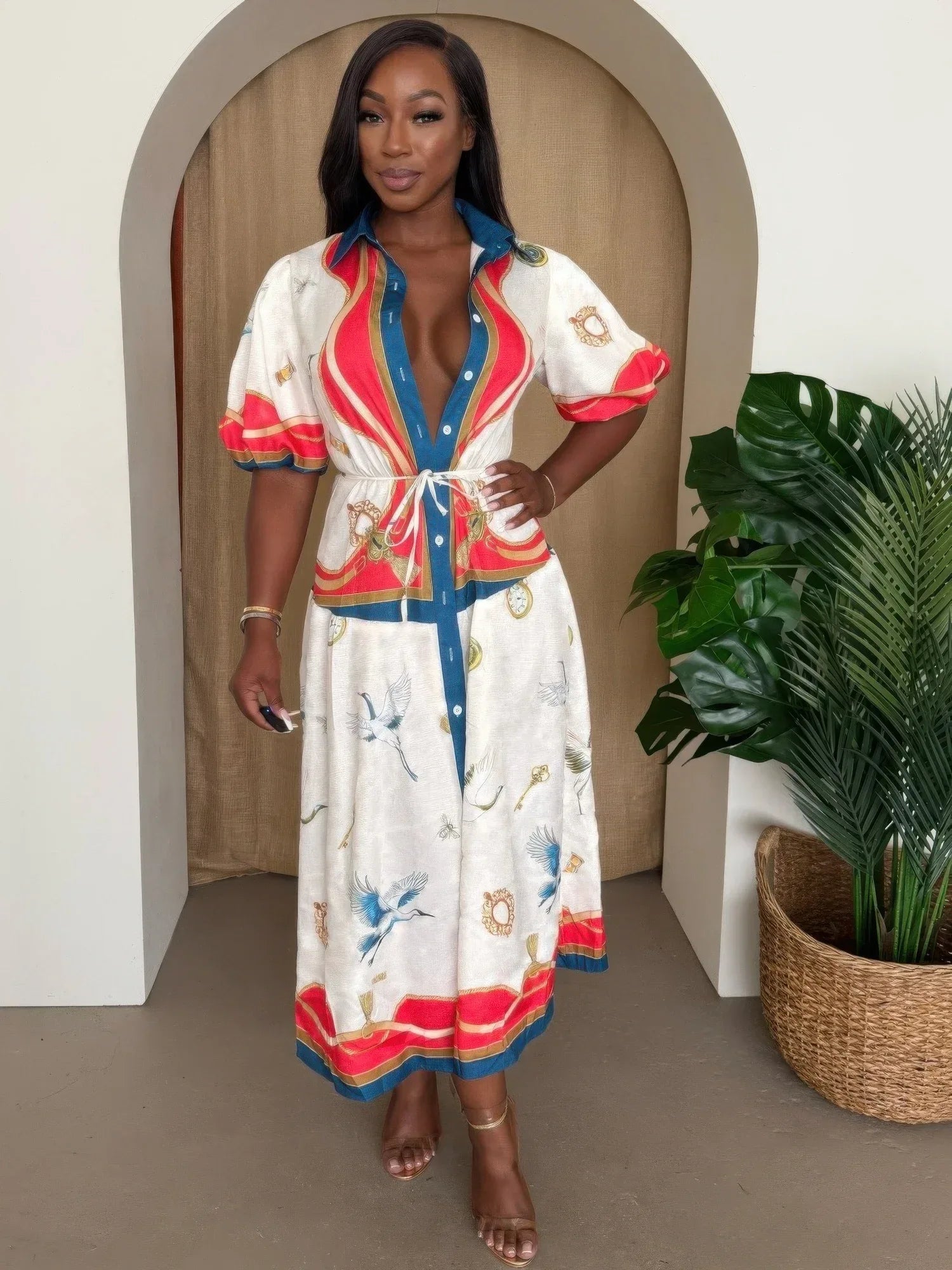 Crane & Nautical Belted Midi Dress Ivory Multi | Mixtshop LLC