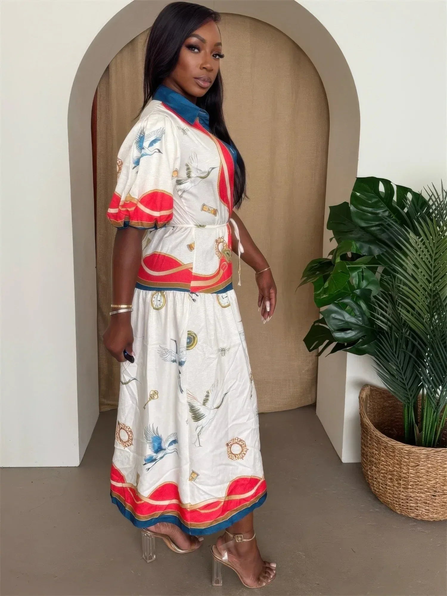Crane & Nautical Belted Midi Dress Ivory Multi | Mixtshop LLC