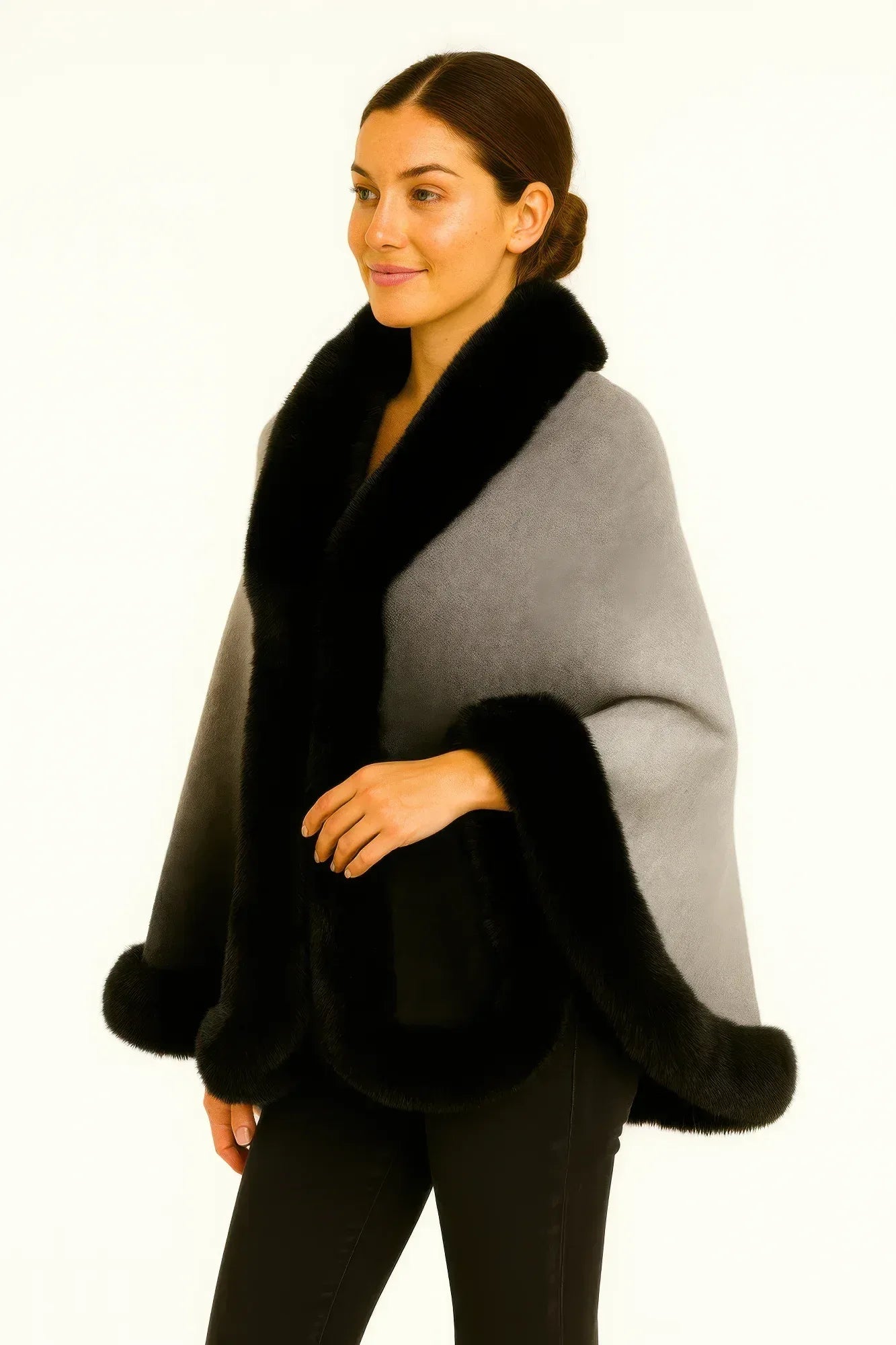 Ombre Faux Fur Trim Cape Wrap Secondary image