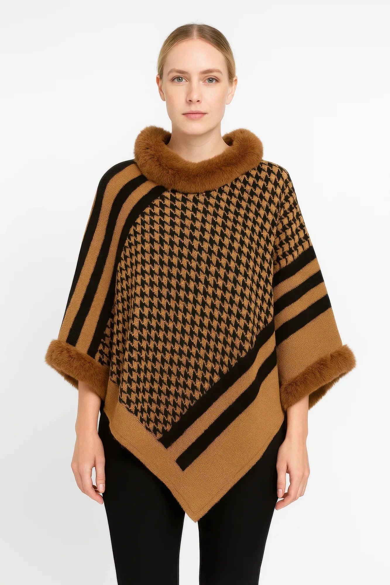 Patterned Knit Poncho With Faux Fur Trim | Mixtshop LLC Main image