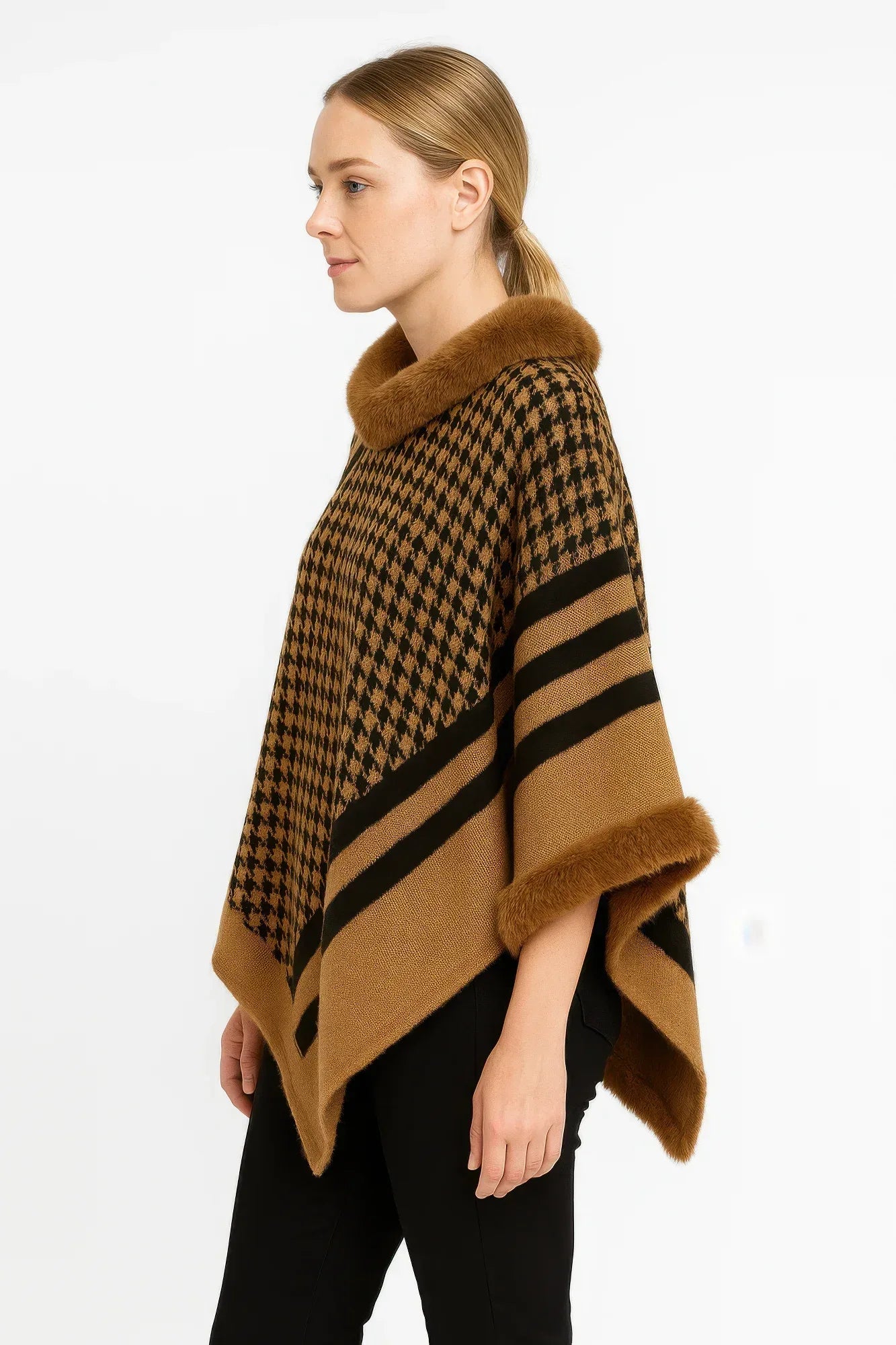 Patterned Knit Poncho With Faux Fur Trim Secondary image