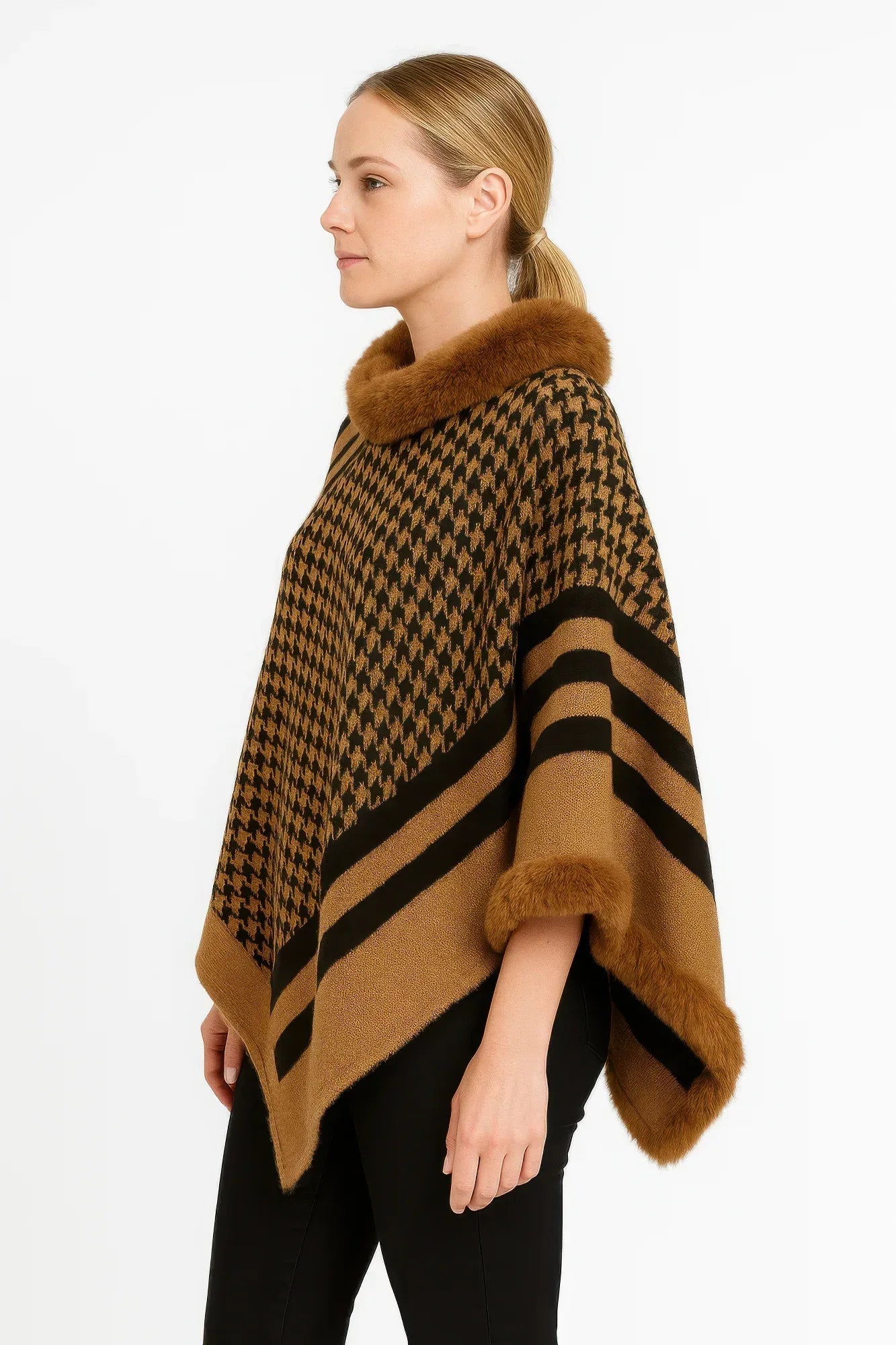 Patterned Knit Poncho With Faux Fur Trim | Mixtshop LLC