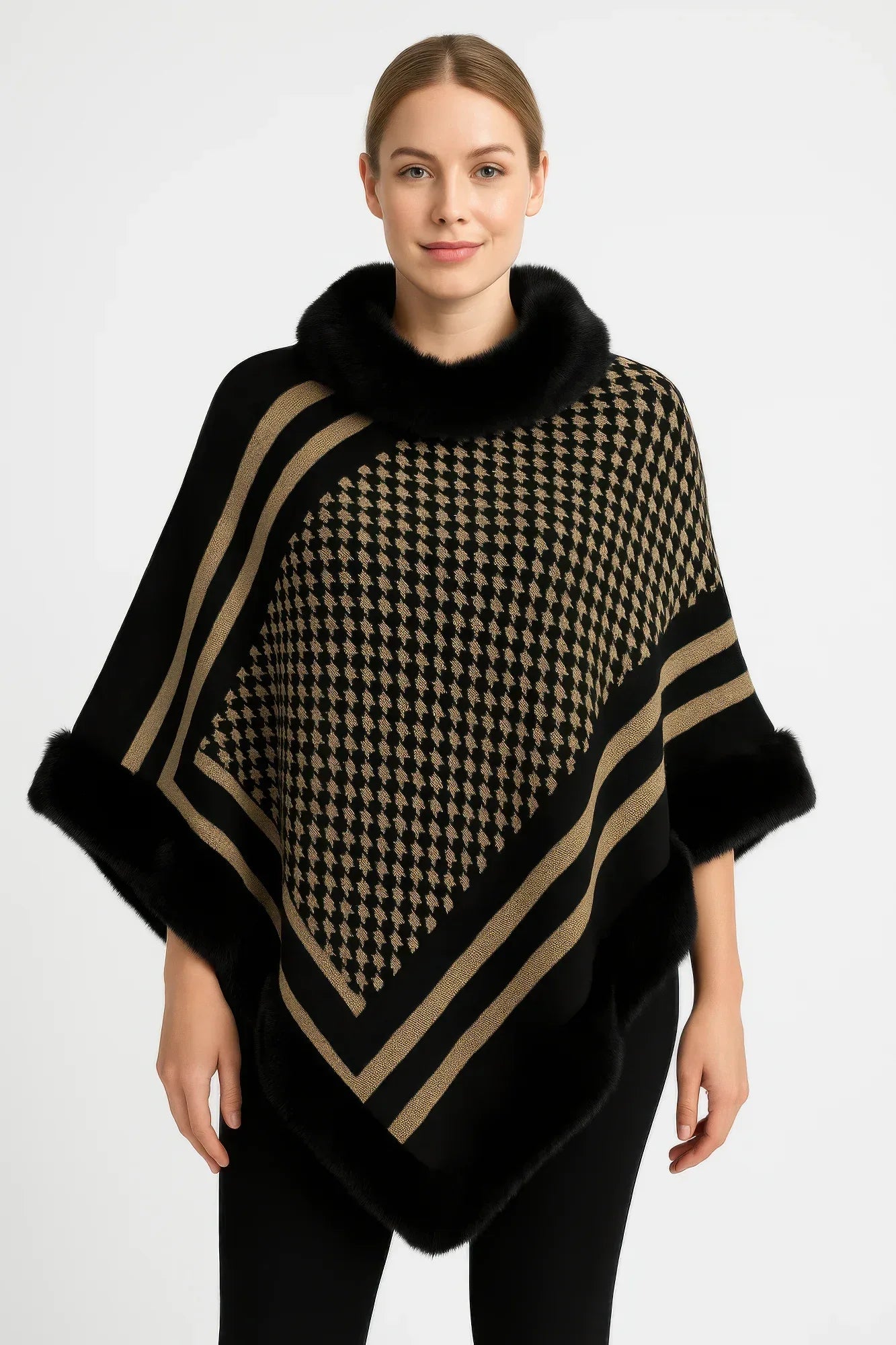 Patterned Knit Poncho With Faux Fur Trim | Mixtshop LLC Main image