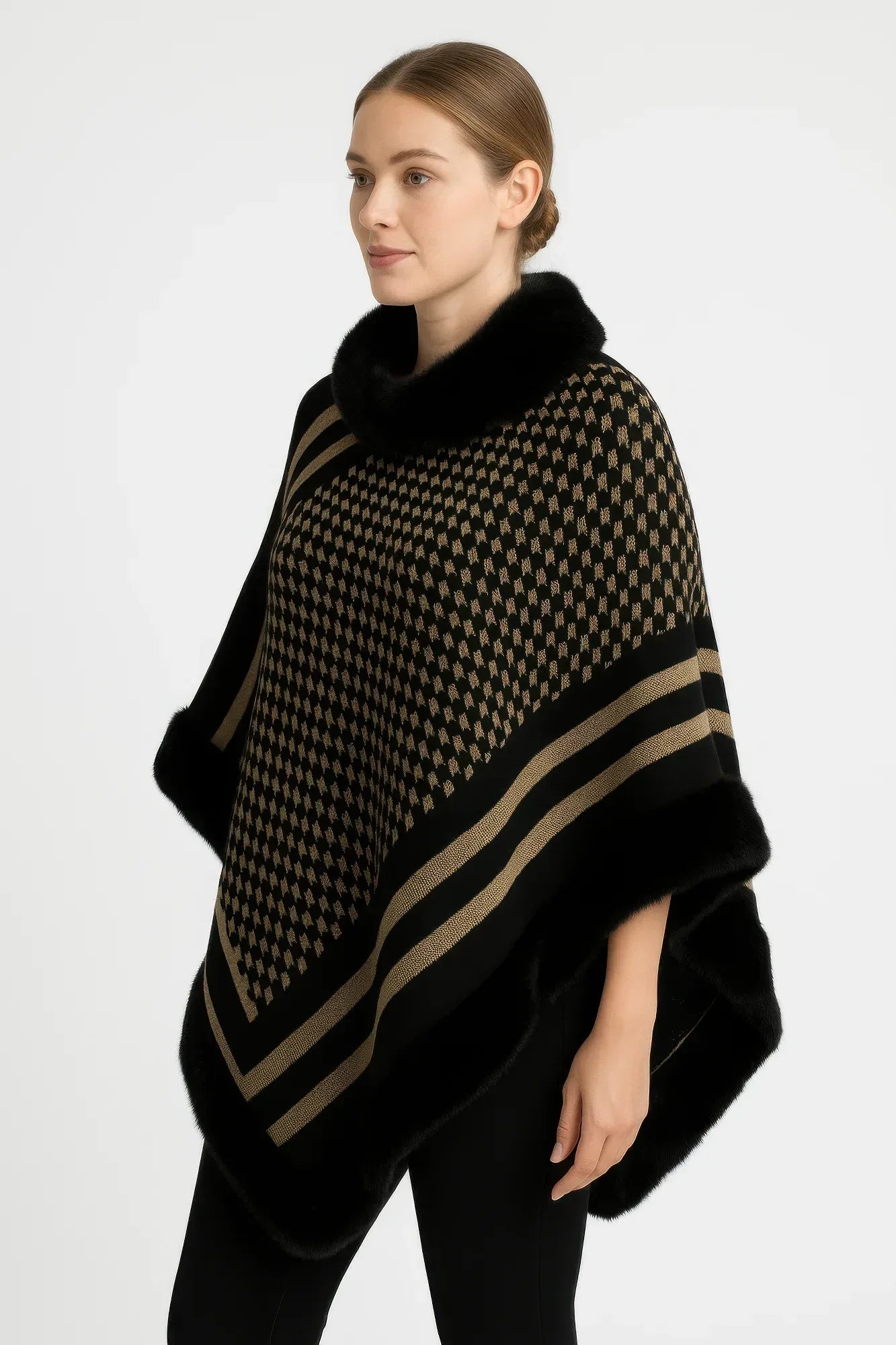 Patterned Knit Poncho With Faux Fur Trim Secondary image