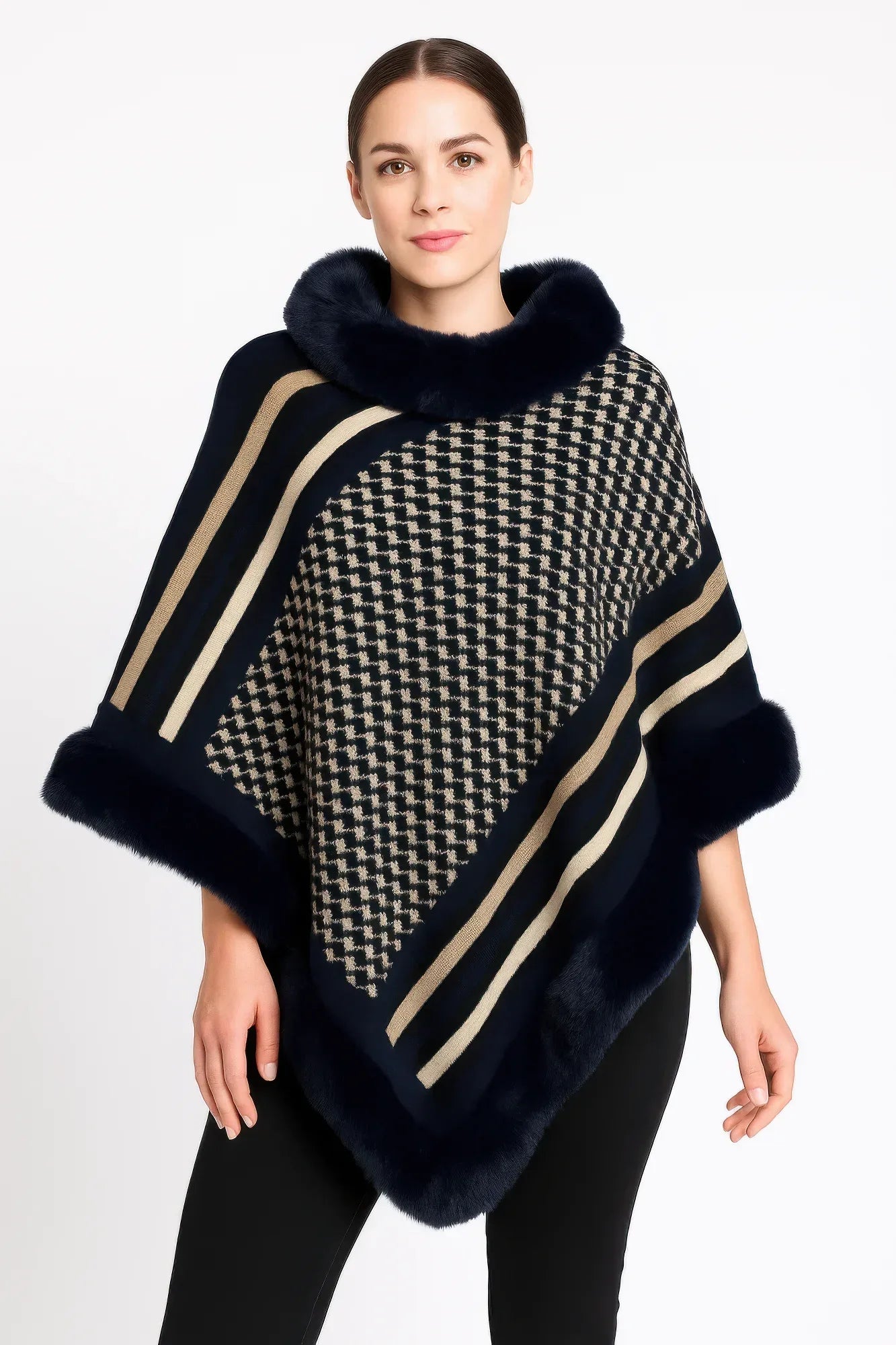 Patterned Knit Poncho With Faux Fur Trim | Mixtshop LLC