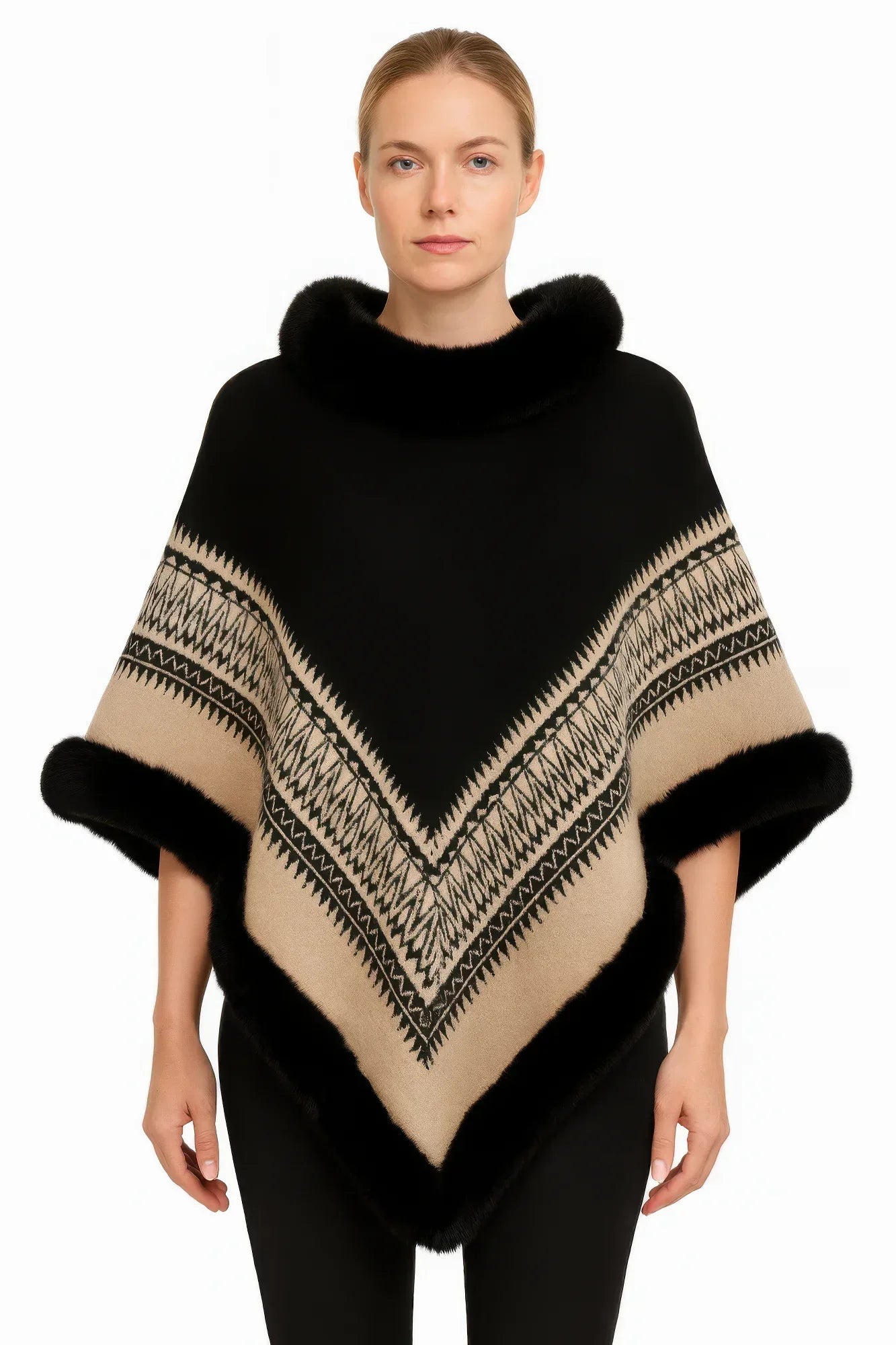 Chevron Trim Poncho With Faux Fur Collar | Mixtshop LLC