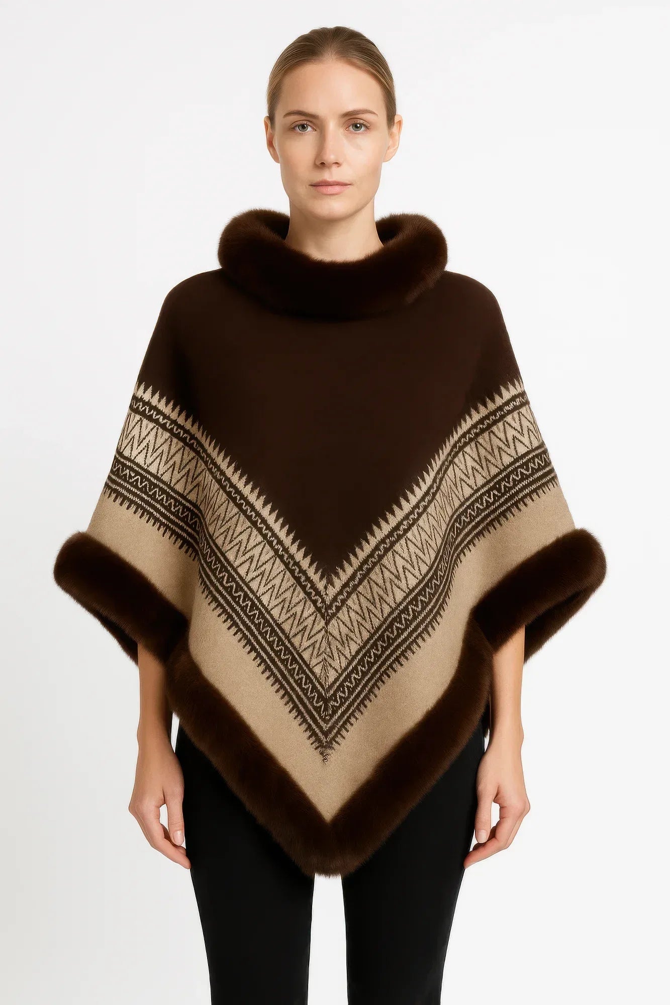 Chevron Trim Poncho With Faux Fur Collar | Mixtshop LLC