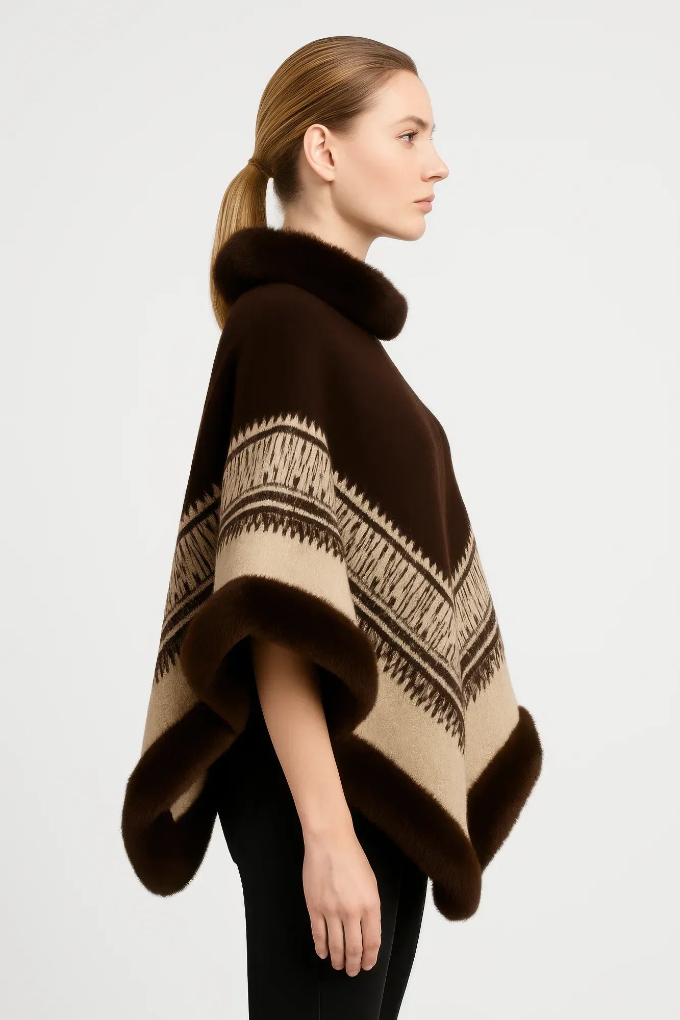 Chevron Trim Poncho With Faux Fur Collar Secondary image