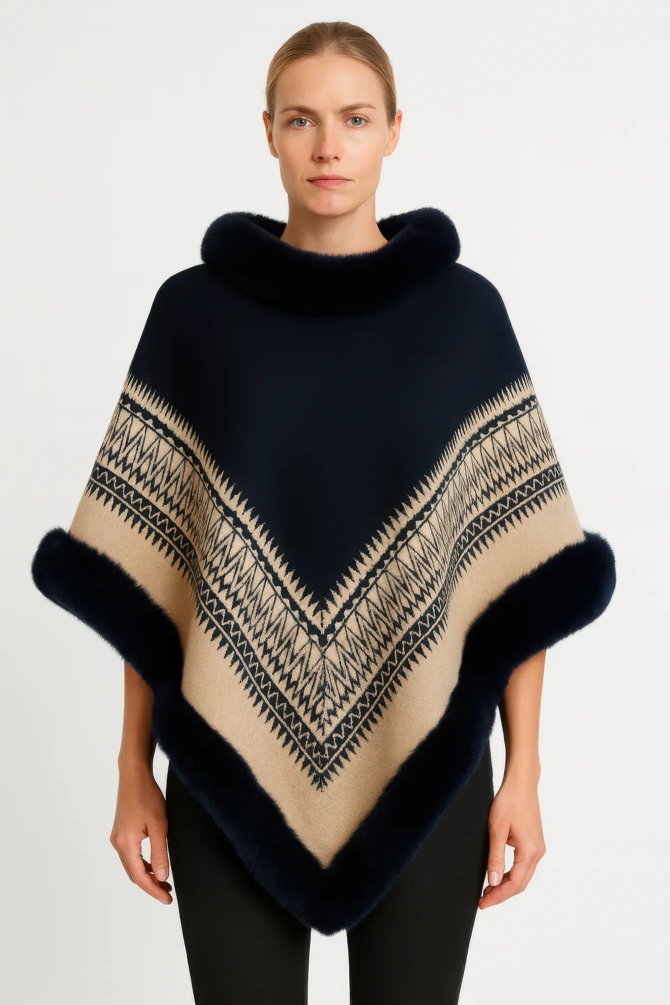 Chevron Trim Poncho With Faux Fur Collar | Mixtshop LLC