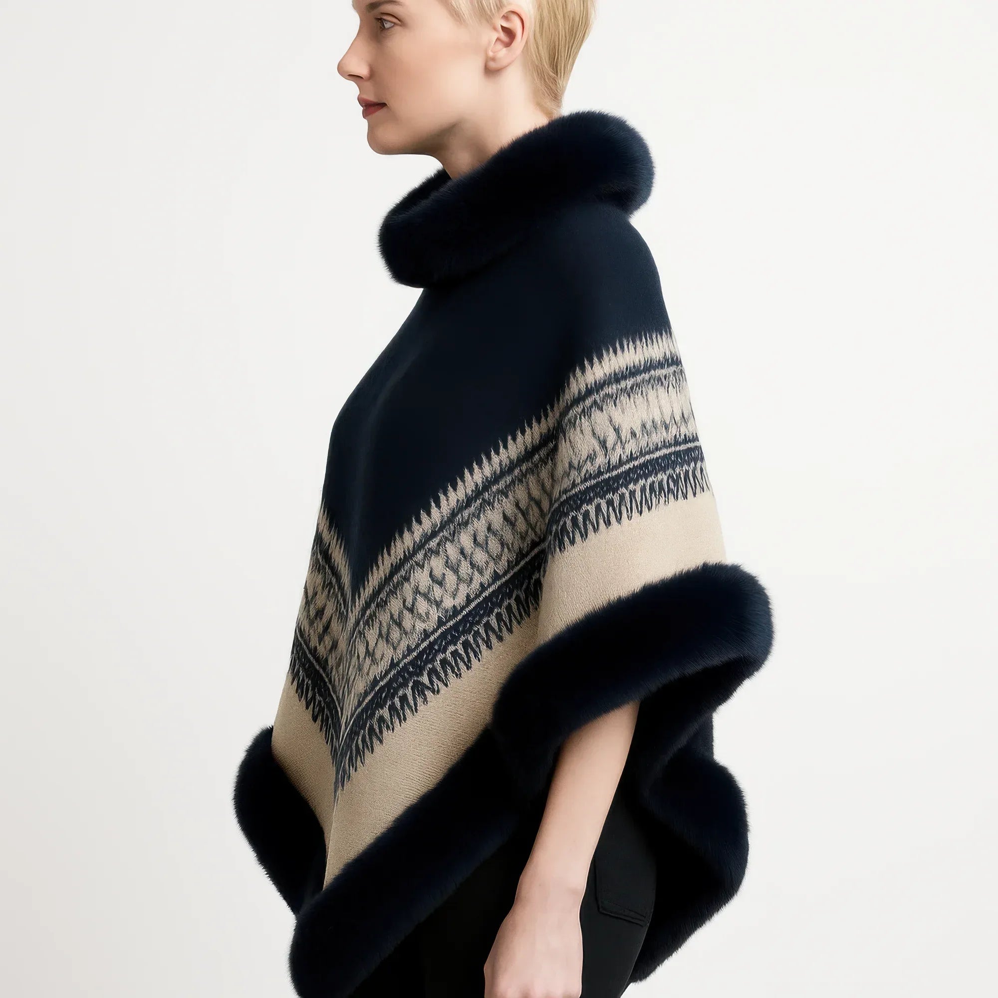 Chevron Trim Poncho With Faux Fur Collar | Mixtshop LLC