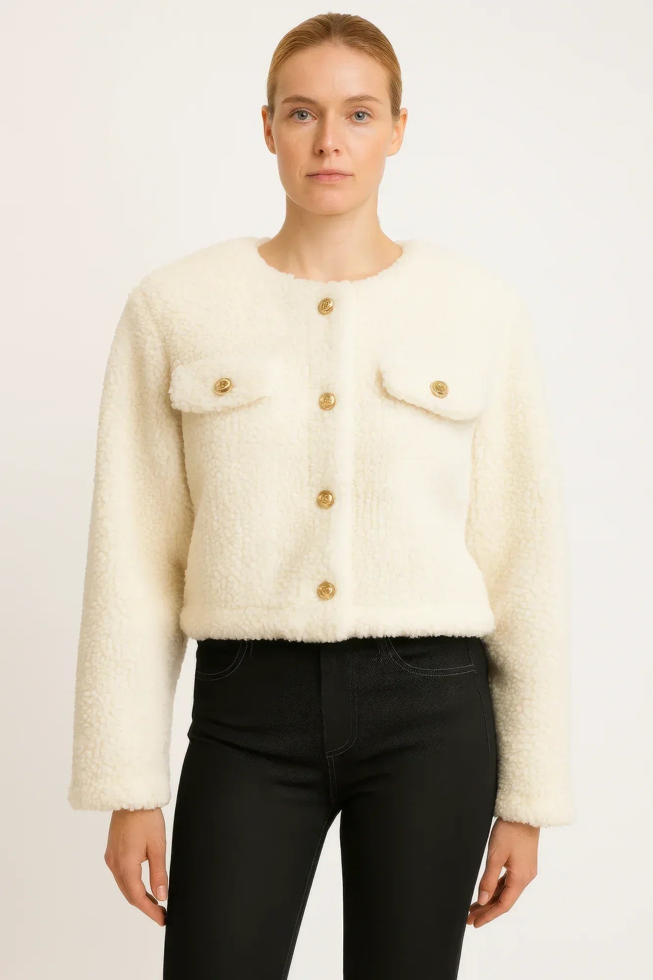 Faux Shearling Button-front Cropped Jacket | Mixtshop LLC Main image