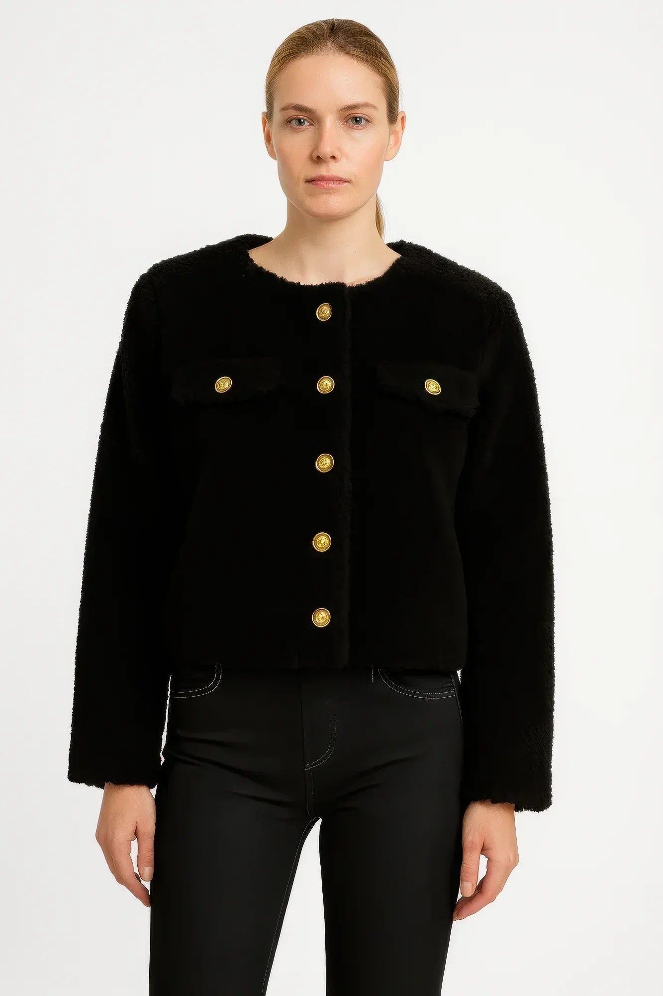 Faux Shearling Button-front Cropped Jacket | Mixtshop LLC Main image