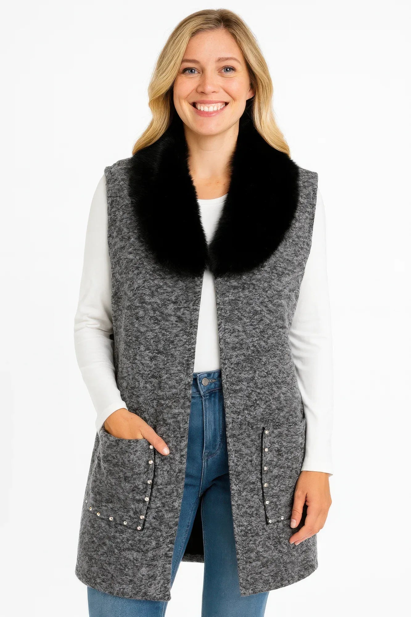 Sleeveless Wool-blend Vest With Faux Fur Collar | Mixtshop LLC