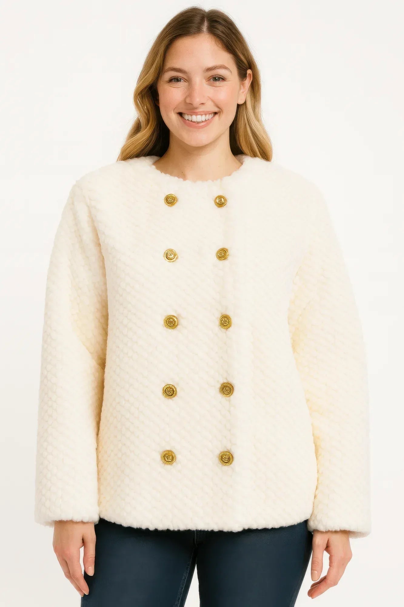 Textured Double-breasted Faux Shearling Jacket | Mixtshop LLC Main image