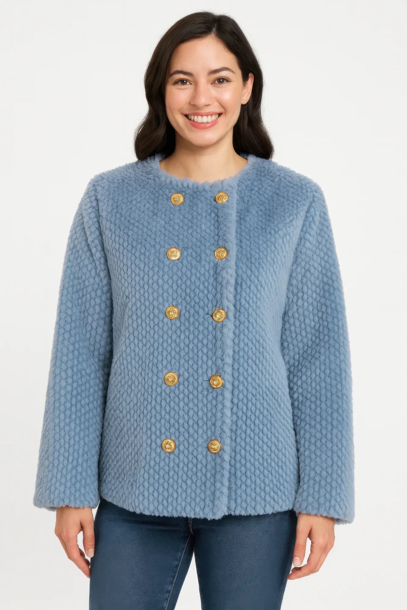 Textured Double-breasted Faux Shearling Jacket | Mixtshop LLC Main image