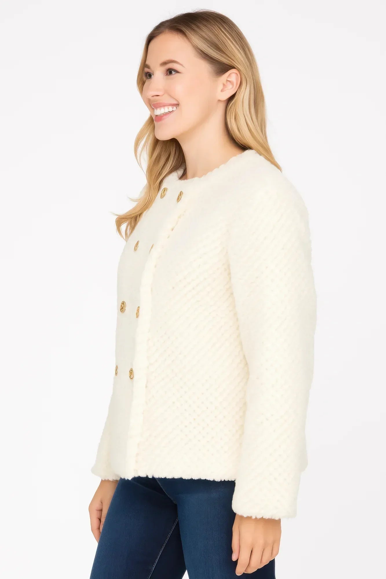 Textured Double-breasted Faux Shearling Jacket Secondary image