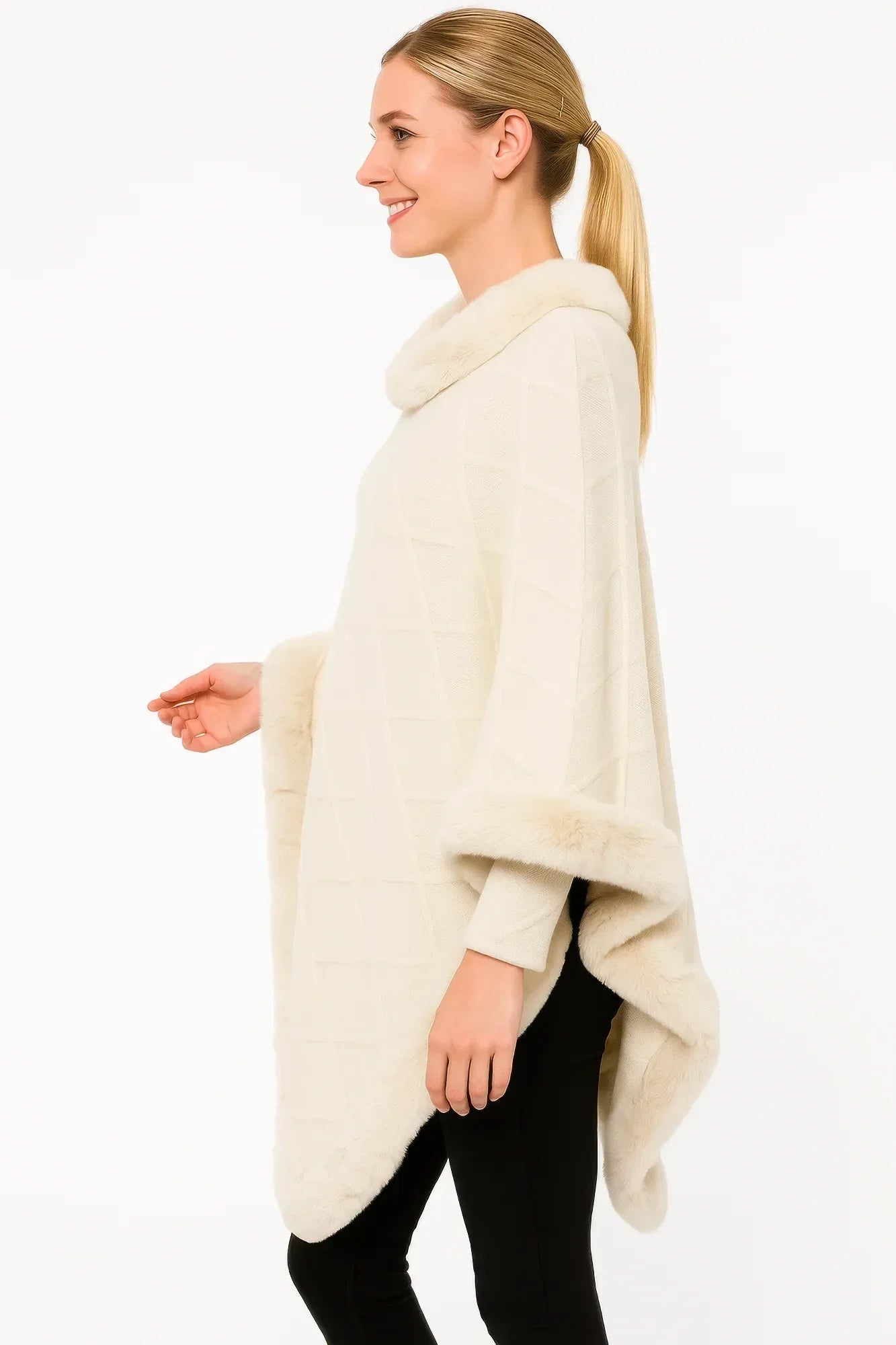 Classic Black Poncho With Faux Fur Trim Secondary image
