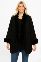 Open-front Cape With Pom Faux Fur Trim | Mixtshop LLC