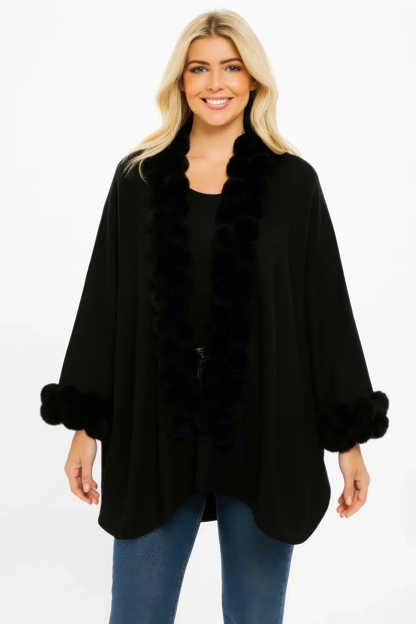 Open-front Cape With Pom Faux Fur Trim | Mixtshop LLC