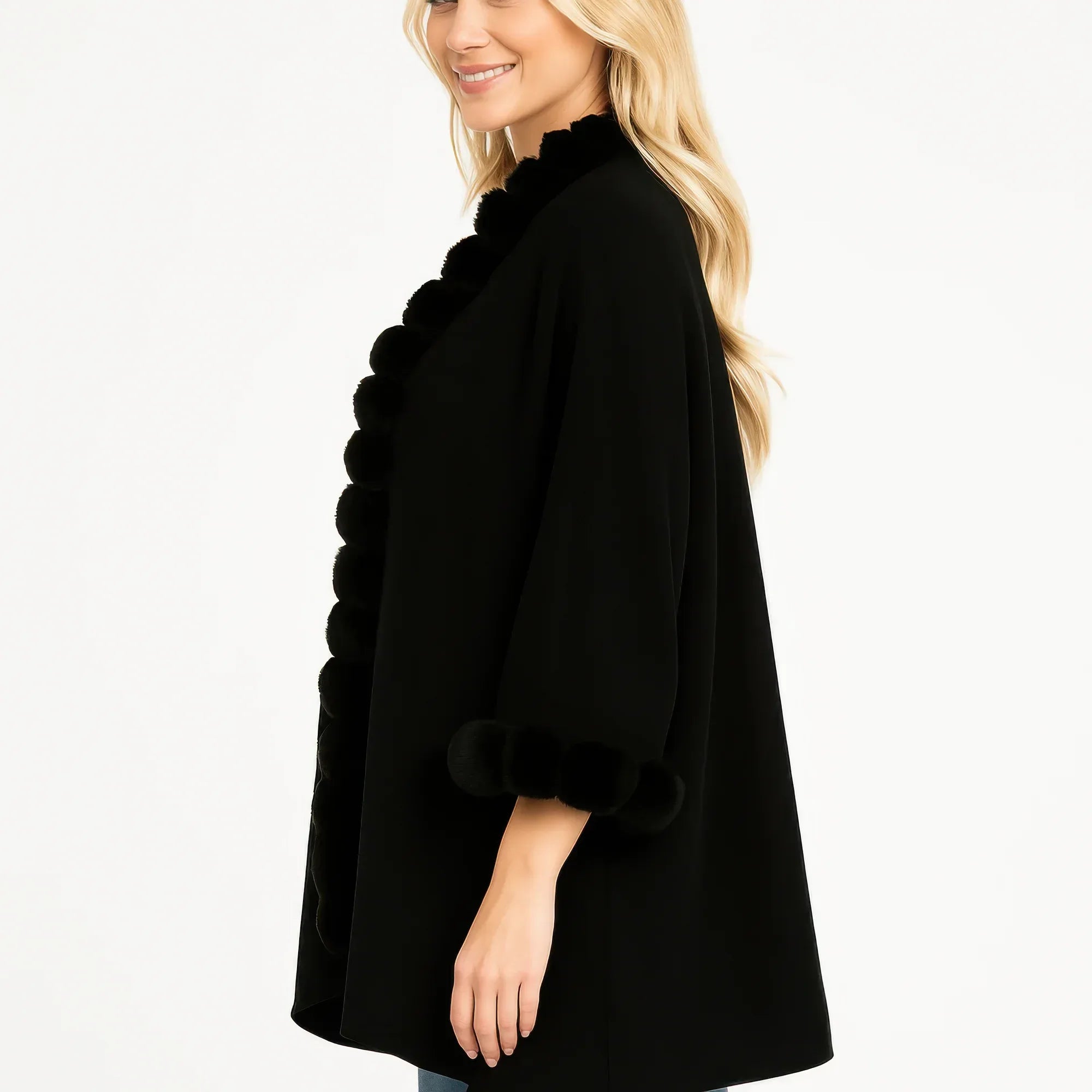 Open-front Cape With Pom Faux Fur Trim Secondary image