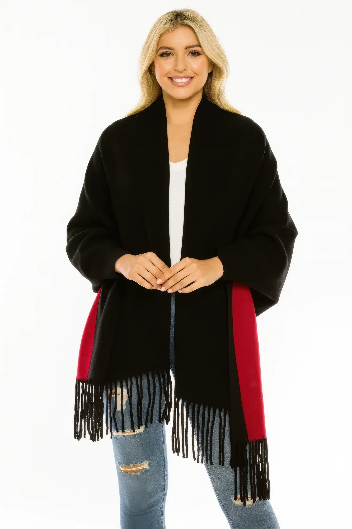 Colorblock Fringe-trimmed Open Wrap | Mixtshop LLC Main image
