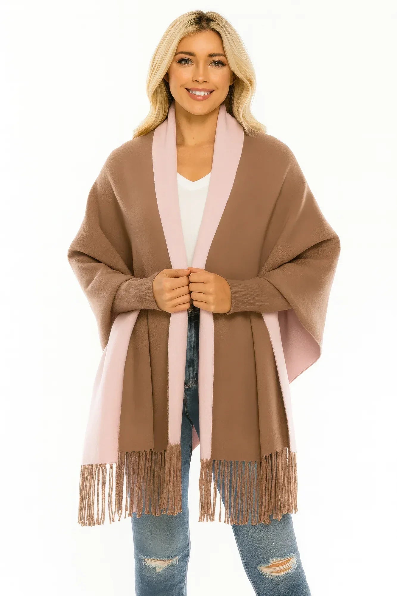 Colorblock Fringe-trimmed Open Wrap | Mixtshop LLC