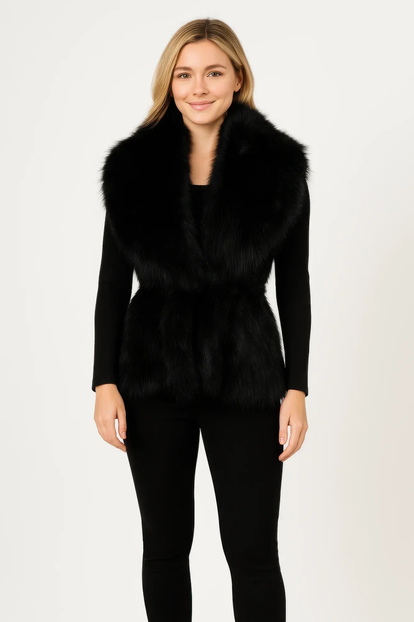 Black Sleeveless Faux Fur Vest With Cinched Waist | Mixtshop LLC Main image