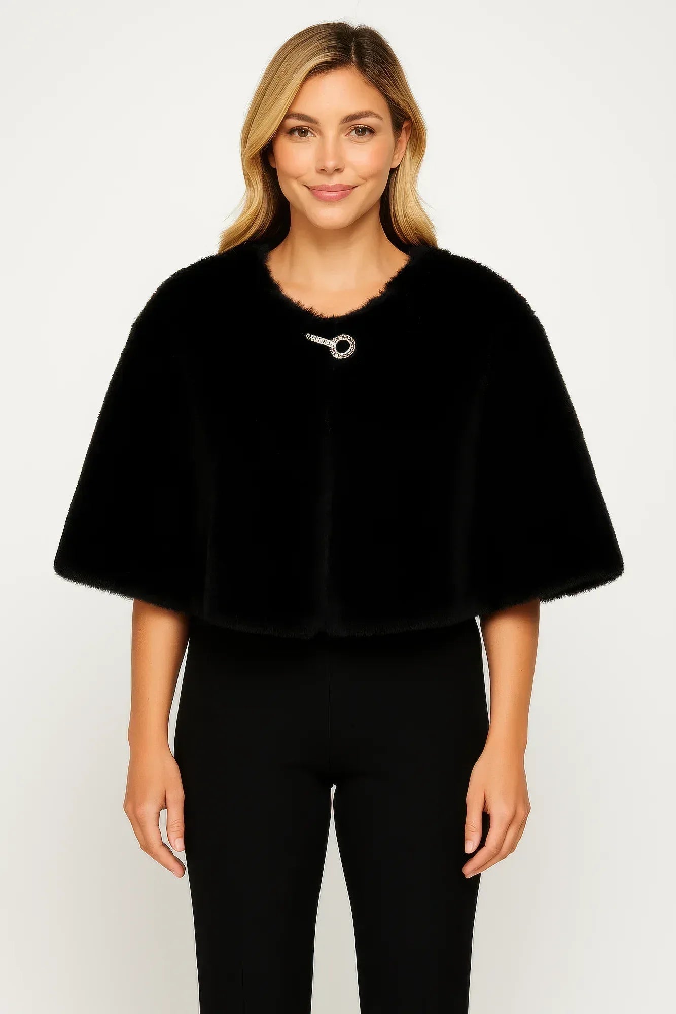 Faux Fur Cropped Cape With Jeweled Clasp In Black | Mixtshop LLC Main image