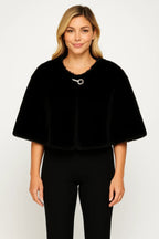Faux Fur Cropped Cape With Jeweled Clasp In Black | Mixtshop LLC