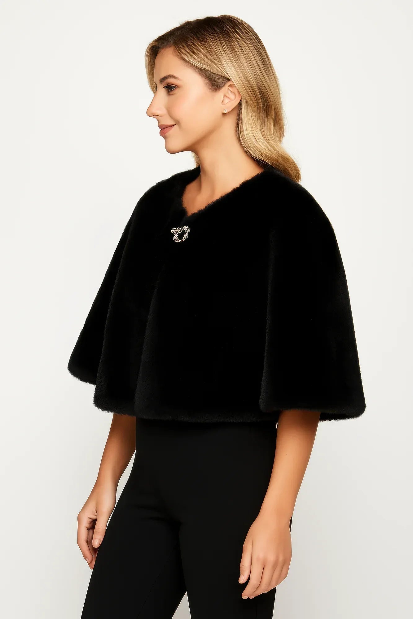 Faux Fur Cropped Cape With Jeweled Clasp In Black Secondary image