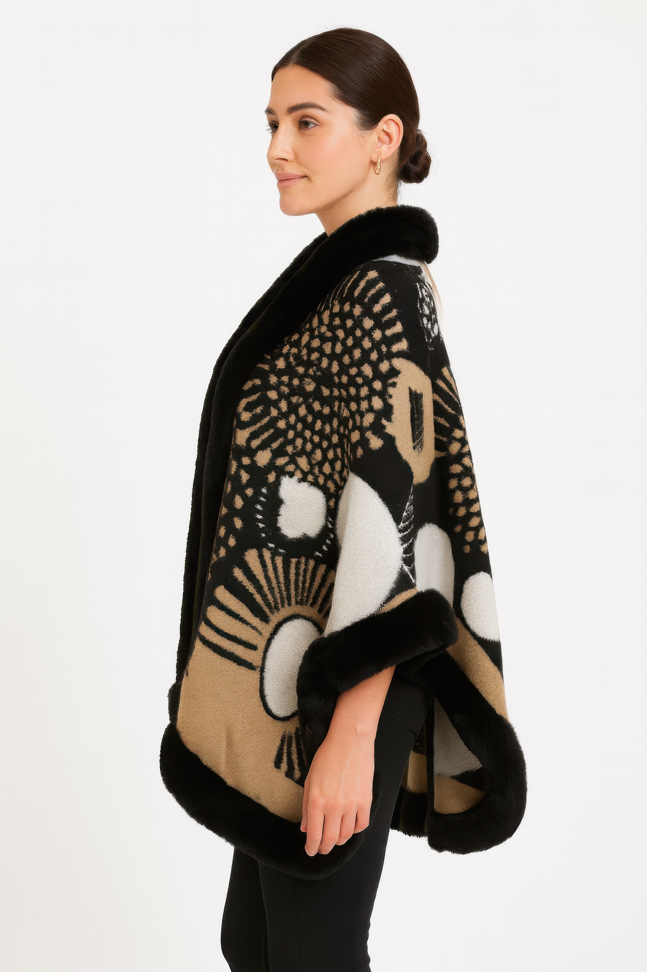 Abstract Print Faux Fur Trim Cape In Black & Camel Secondary image