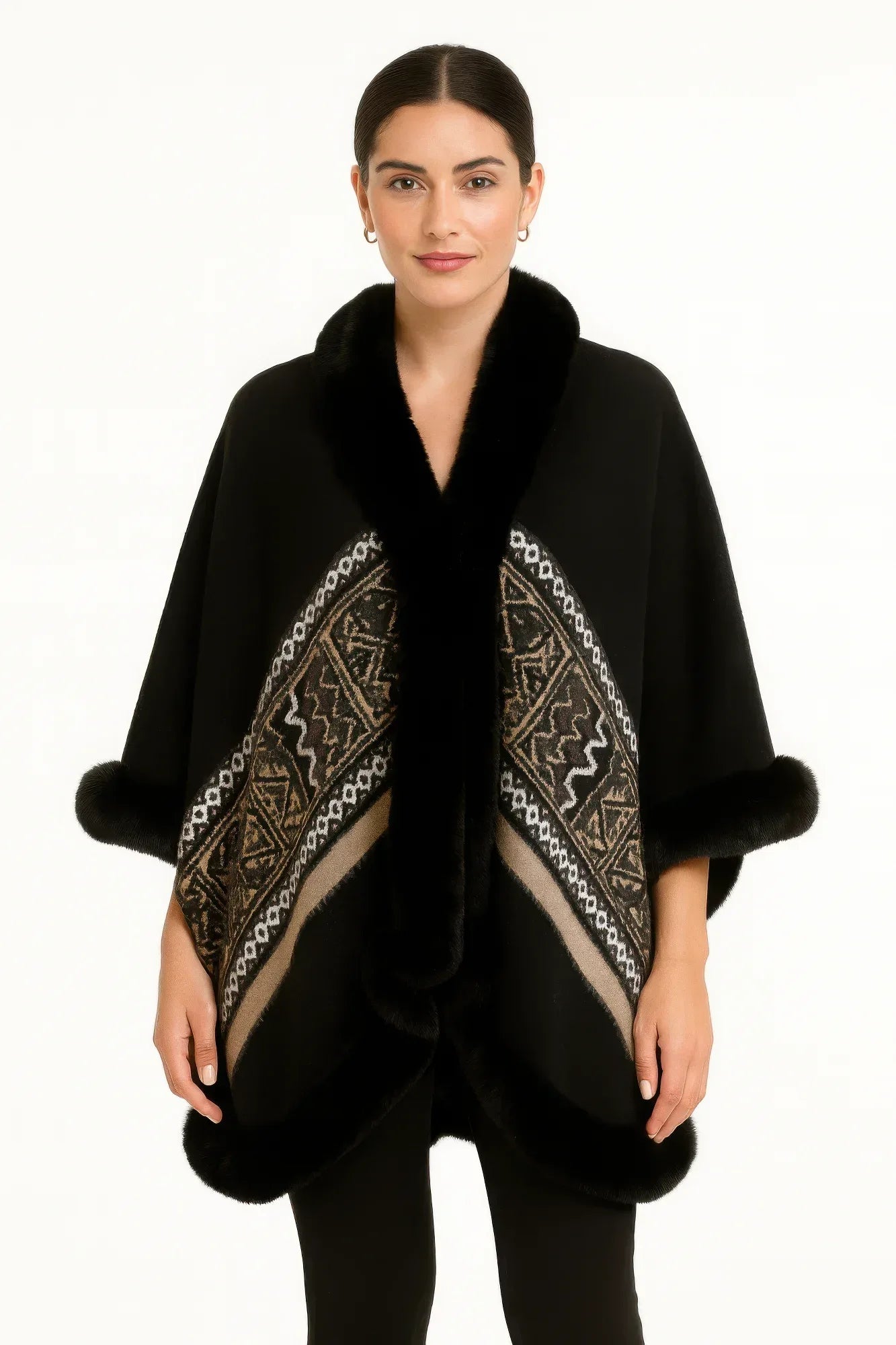 Black Geometric Border Faux Fur Trim Cape | Mixtshop LLC Main image