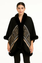 Black Geometric Border Faux Fur Trim Cape | Mixtshop LLC