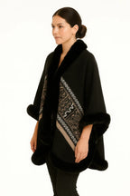 Black Geometric Border Faux Fur Trim Cape | Mixtshop LLC