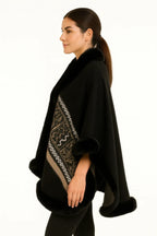 Black Geometric Border Faux Fur Trim Cape | Mixtshop LLC
