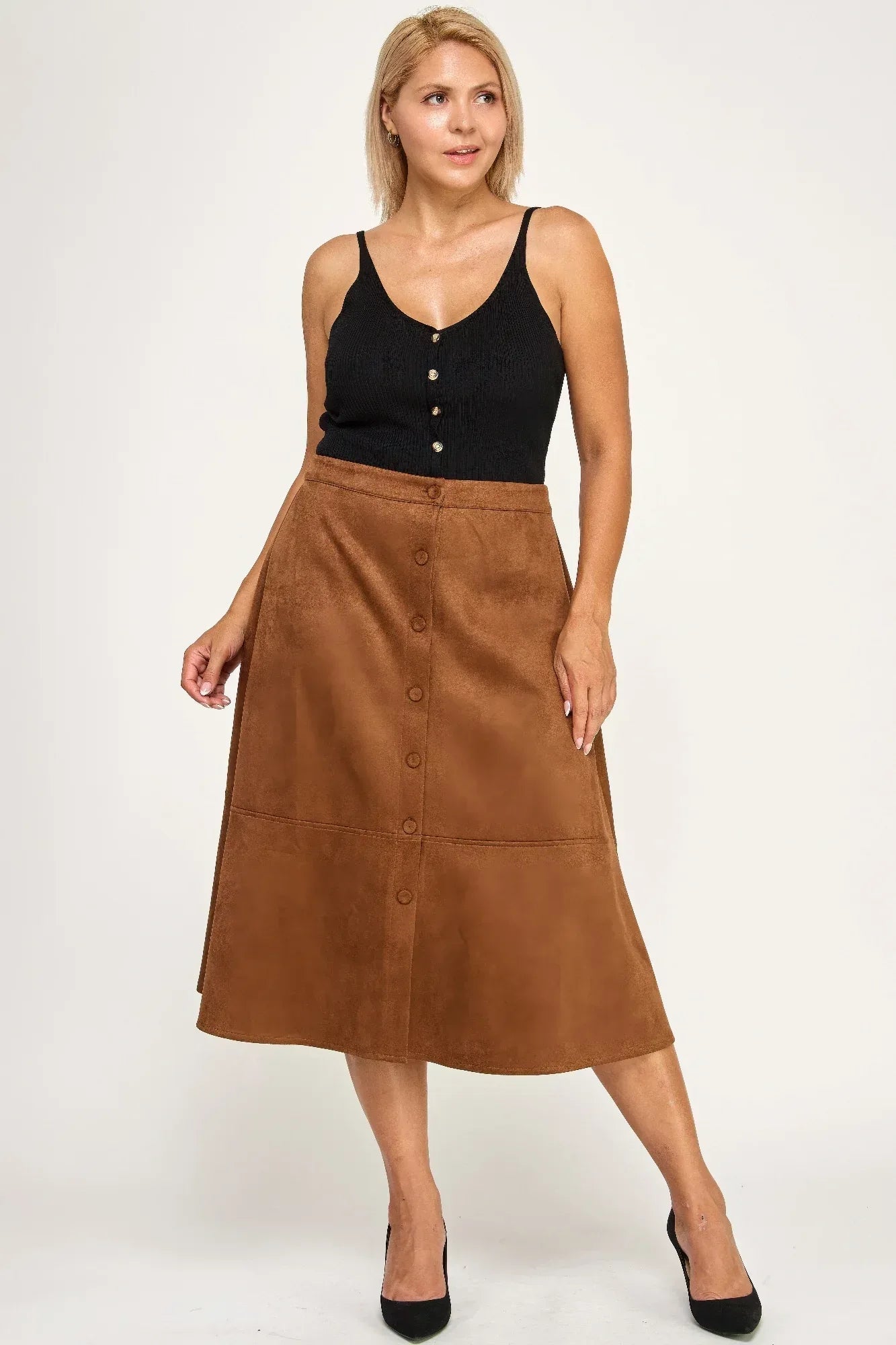 Plus Size Button-front Faux Suede Aline Midi Skirt | Mixtshop LLC