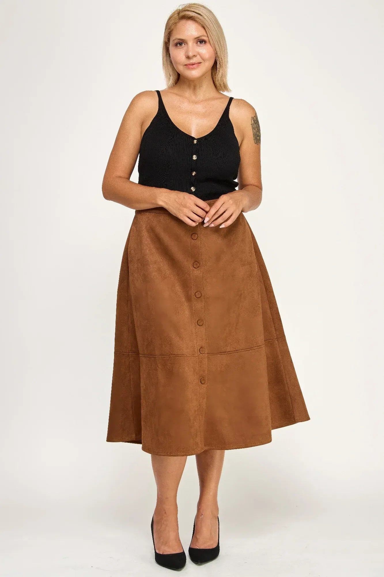 Plus Size Button-front Faux Suede Aline Midi Skirt | Mixtshop LLC