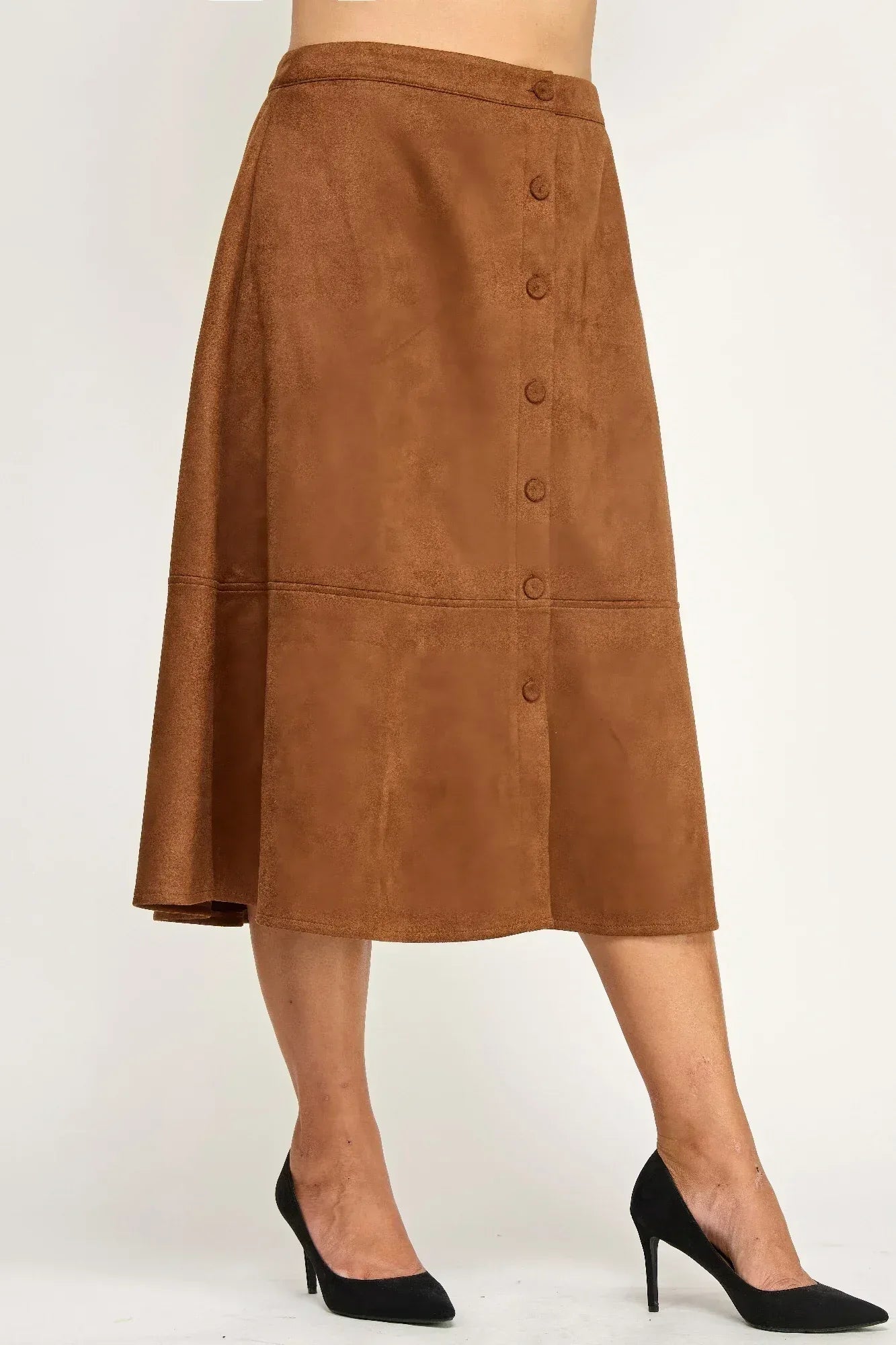 Plus Size Button-front Faux Suede Aline Midi Skirt | Mixtshop LLC