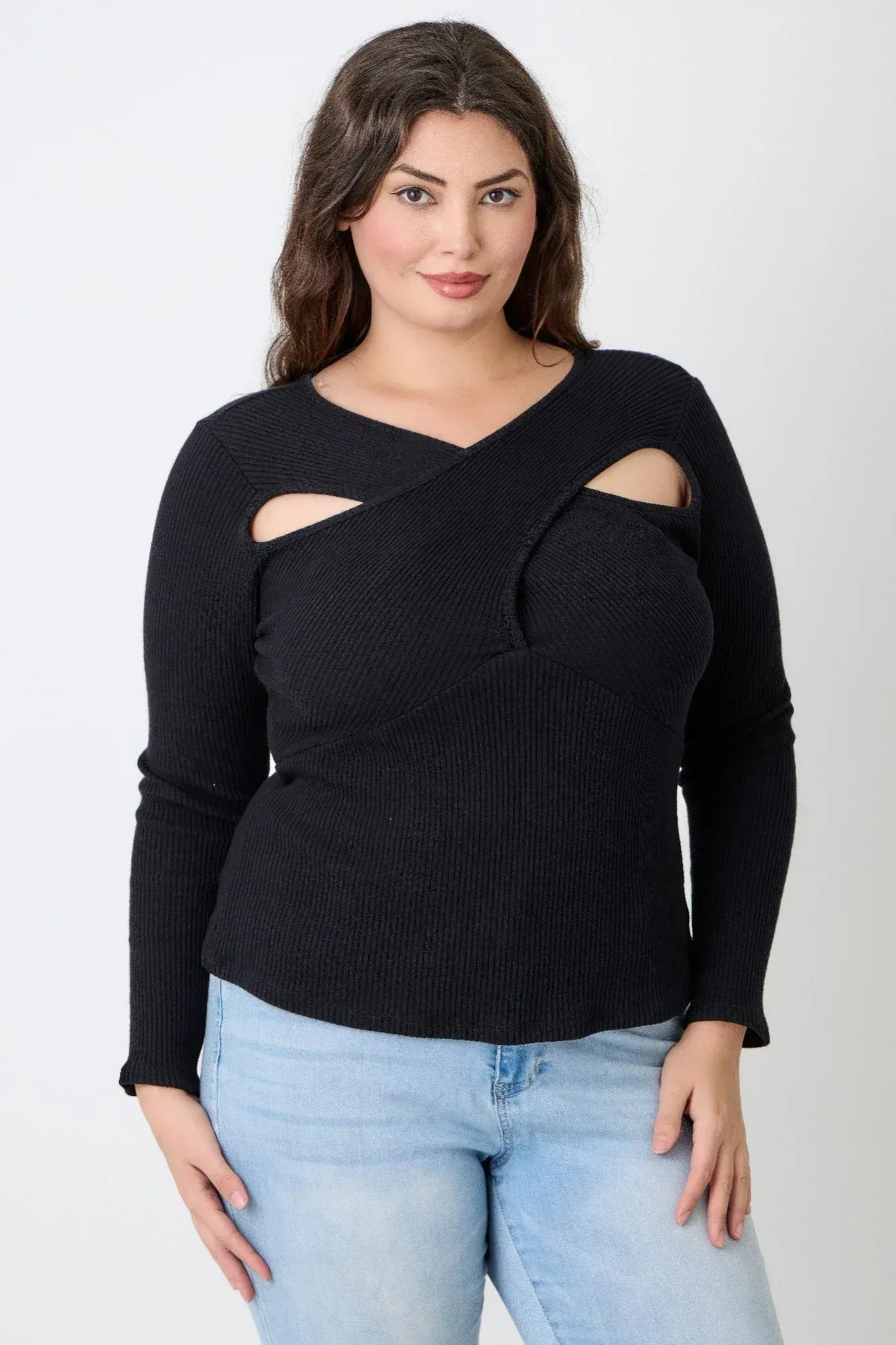 Plus Size Black Ribbed Cutout Long Sleeve Top | Mixtshop LLC Main image