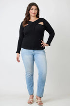Plus Size Black Ribbed Cutout Long Sleeve Top | Mixtshop LLC