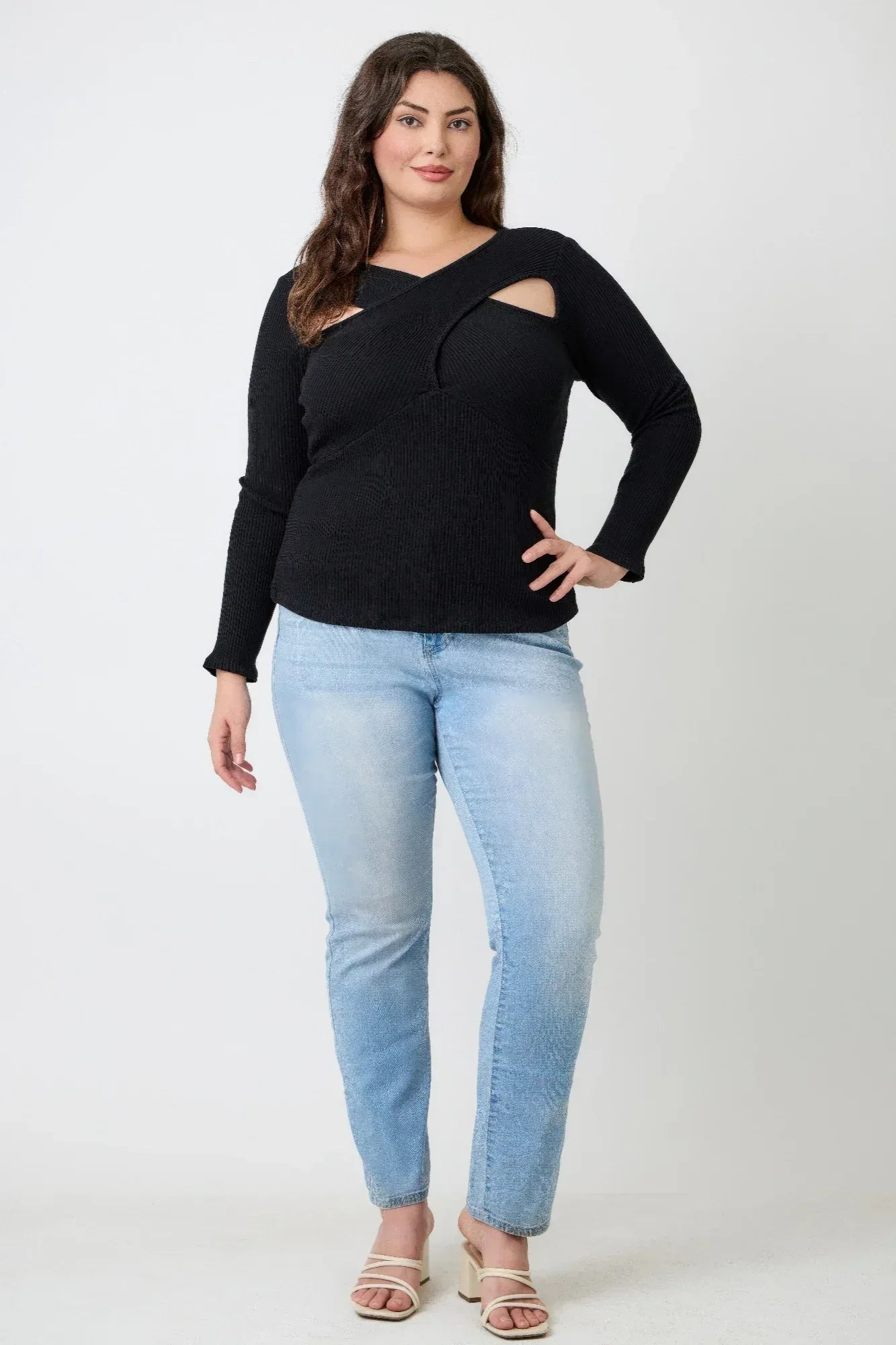 Plus Size Black Ribbed Cutout Long Sleeve Top | Mixtshop LLC