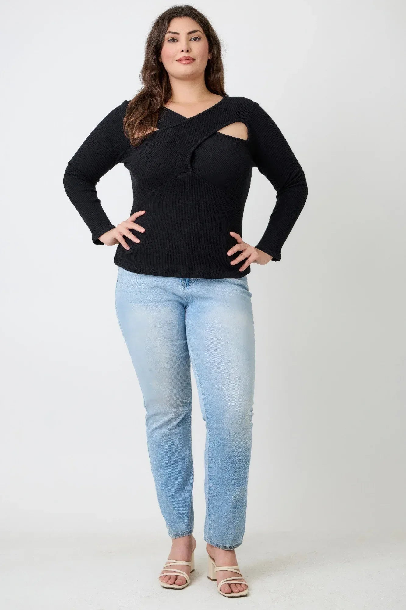 Plus Size Black Ribbed Cutout Long Sleeve Top | Mixtshop LLC