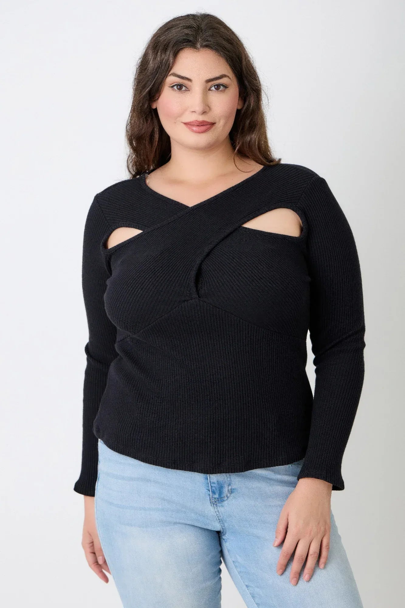 Plus Size Black Ribbed Cutout Long Sleeve Top | Mixtshop LLC