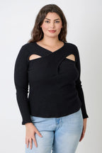 Plus Size Black Ribbed Cutout Long Sleeve Top | Mixtshop LLC
