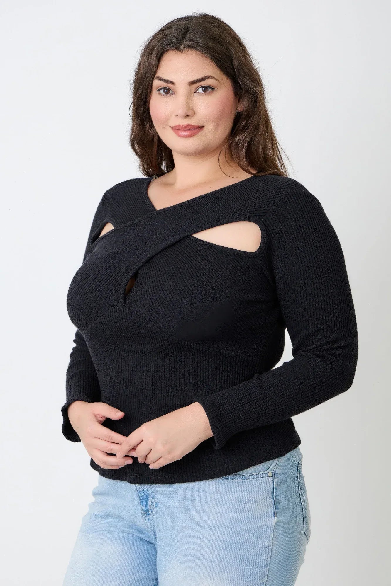 Plus Size Black Ribbed Cutout Long Sleeve Top | Mixtshop LLC