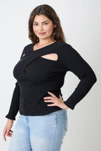Plus Size Black Ribbed Cutout Long Sleeve Top | Mixtshop LLC